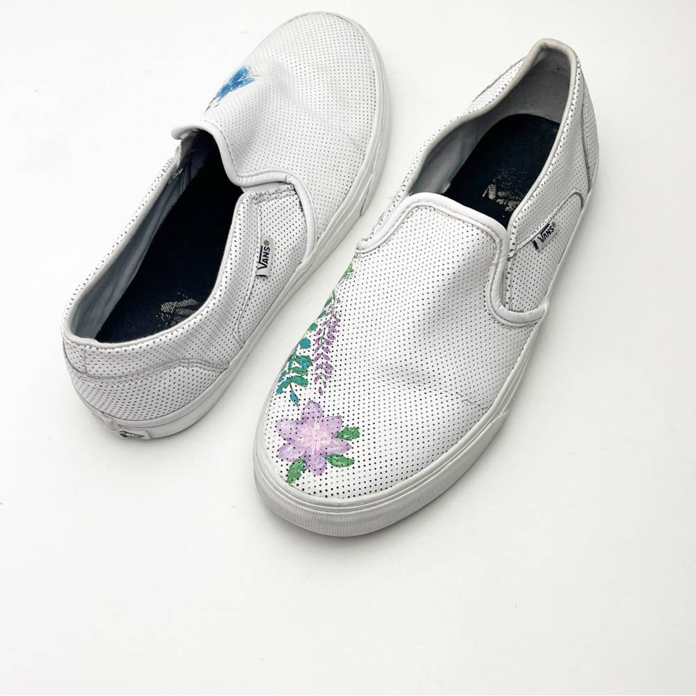 VANS White Perforated Leather Floral Custom Painted Slip On Shoes, Size 10 Boho